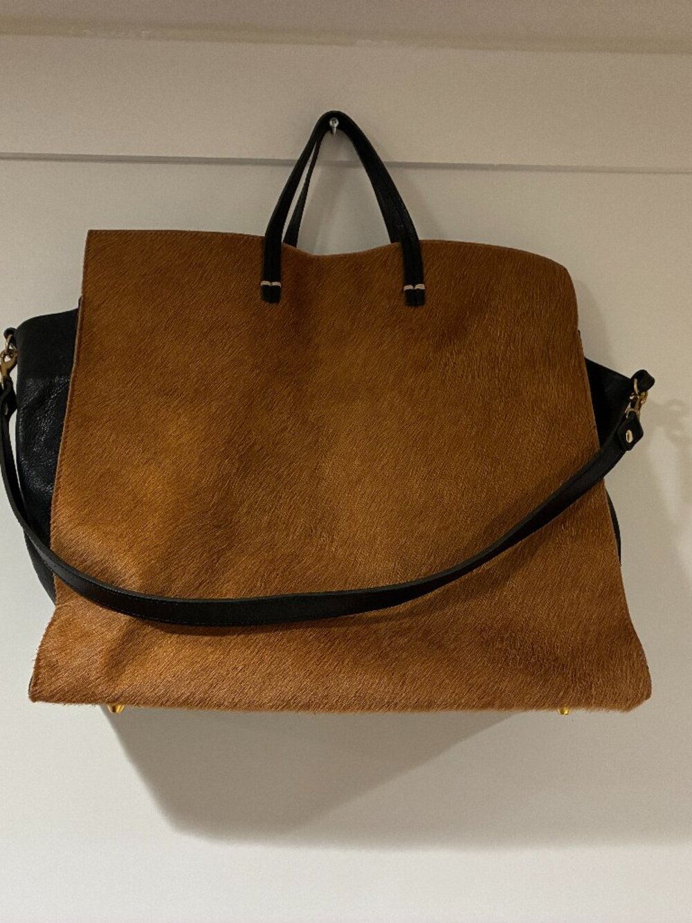 Clare V Simple Tote Tan Haircalf Black Leather Shoulder Bag